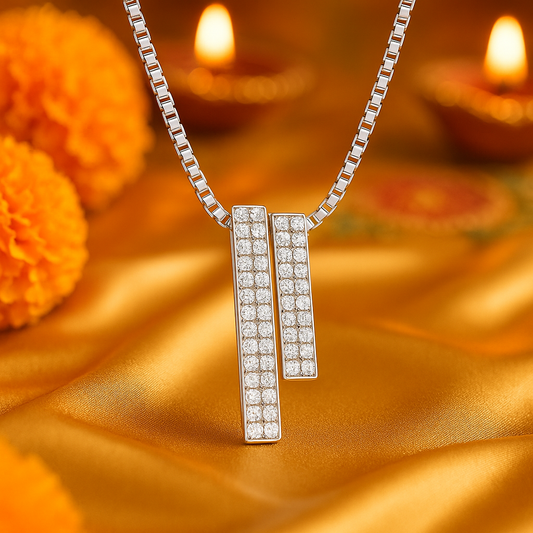 925 Silver Dual Bar Pendant Necklace for Women – Modern CZ Diamond Layered Design