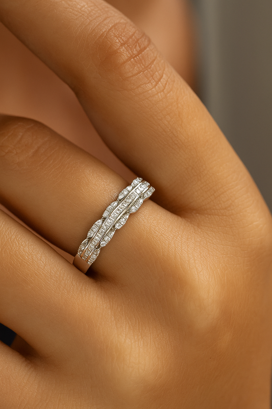 Elegant 925 Silver Baguette & Round Zircon Band Ring for Women – Stylish Dual Row Finger Ring for Party & Daily Wear