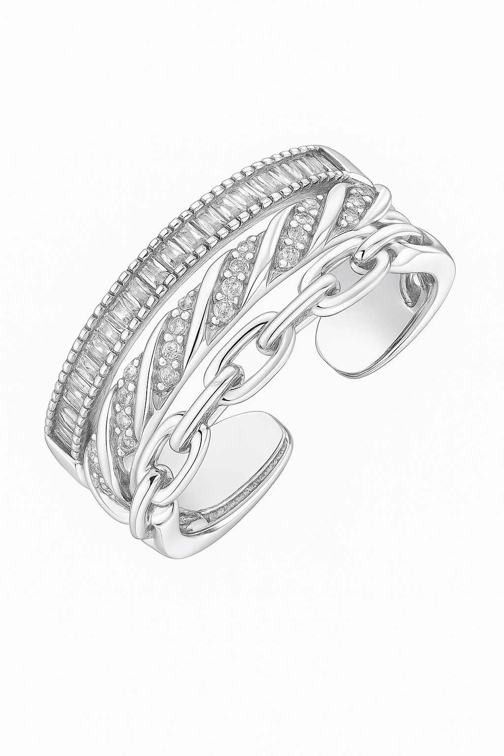 Trendy 925 Silver Adjustable Chain Design Ring for Women – Baguette & Zircon Layered Statement Finger Ring