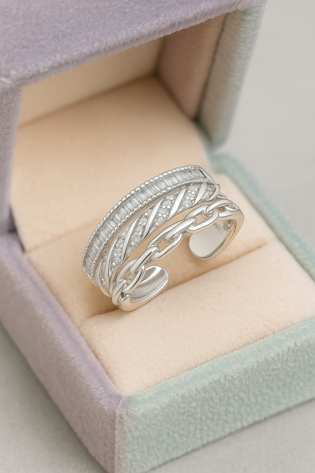 Trendy 925 Silver Adjustable Chain Design Ring for Women – Baguette & Zircon Layered Statement Finger Ring