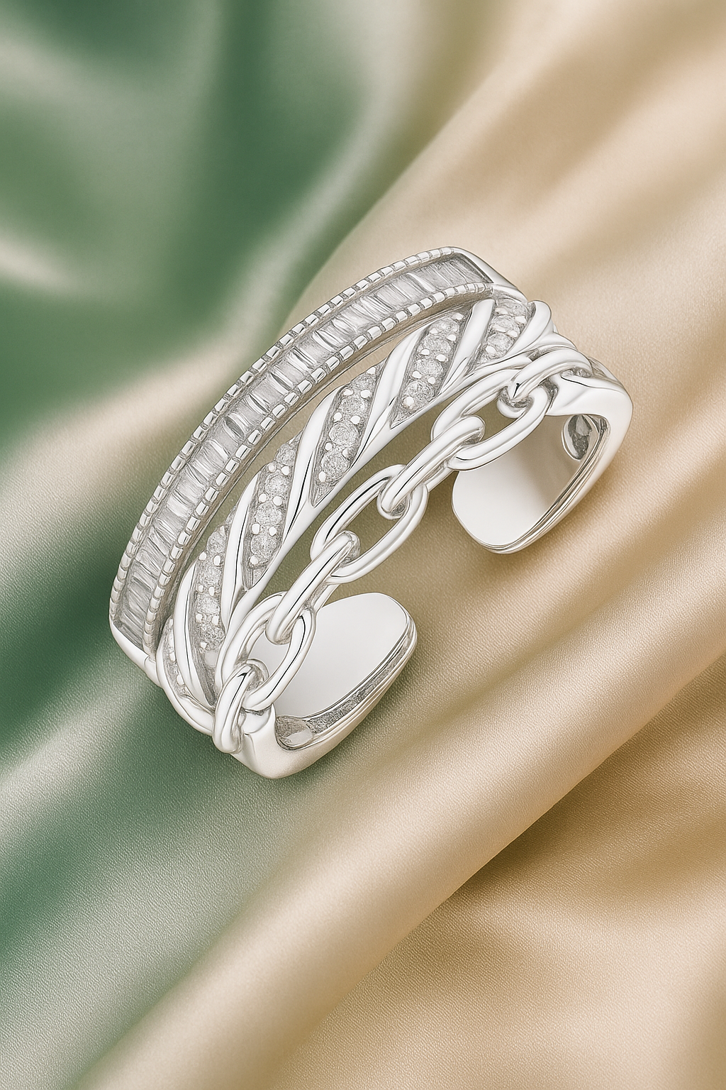 Trendy 925 Silver Adjustable Chain Design Ring for Women – Baguette & Zircon Layered Statement Finger Ring