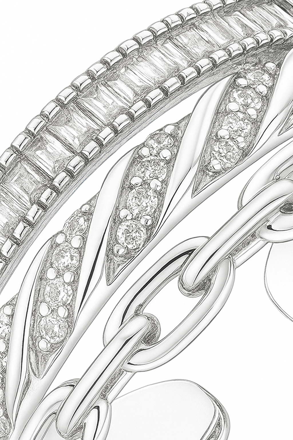 Trendy 925 Silver Adjustable Chain Design Ring for Women – Baguette & Zircon Layered Statement Finger Ring