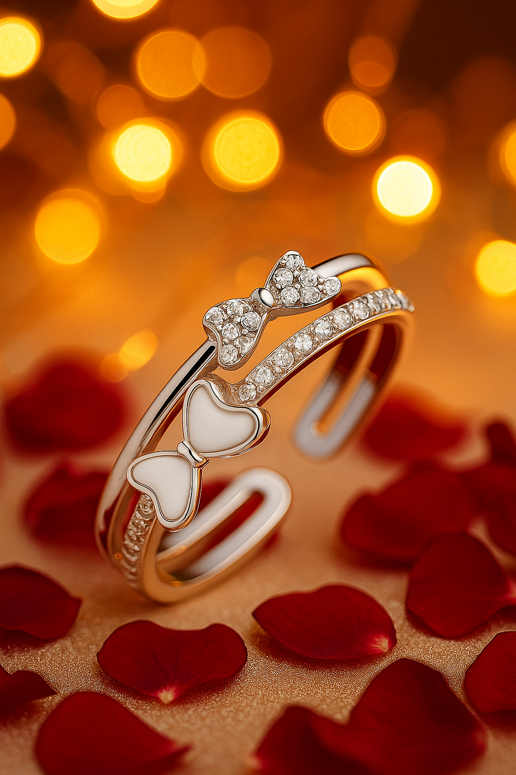 Cute 925 Silver Adjustable Double Bow Ring for Women – Enamel & Zircon Studded Open Finger Ring