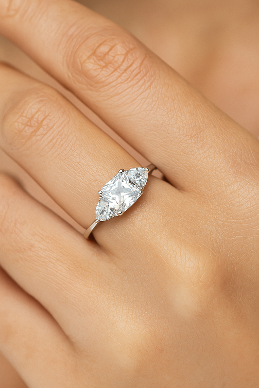 Elegant 925 Silver Princess-Cut Solitaire Ring for Women – Three Stone CZ Engagement & Party Wear Ring