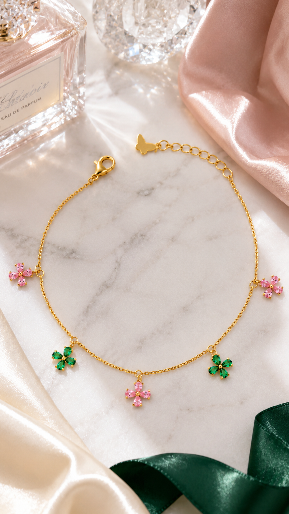 Gold-Plated Pink & Green CZ Floral Charm Bracelet