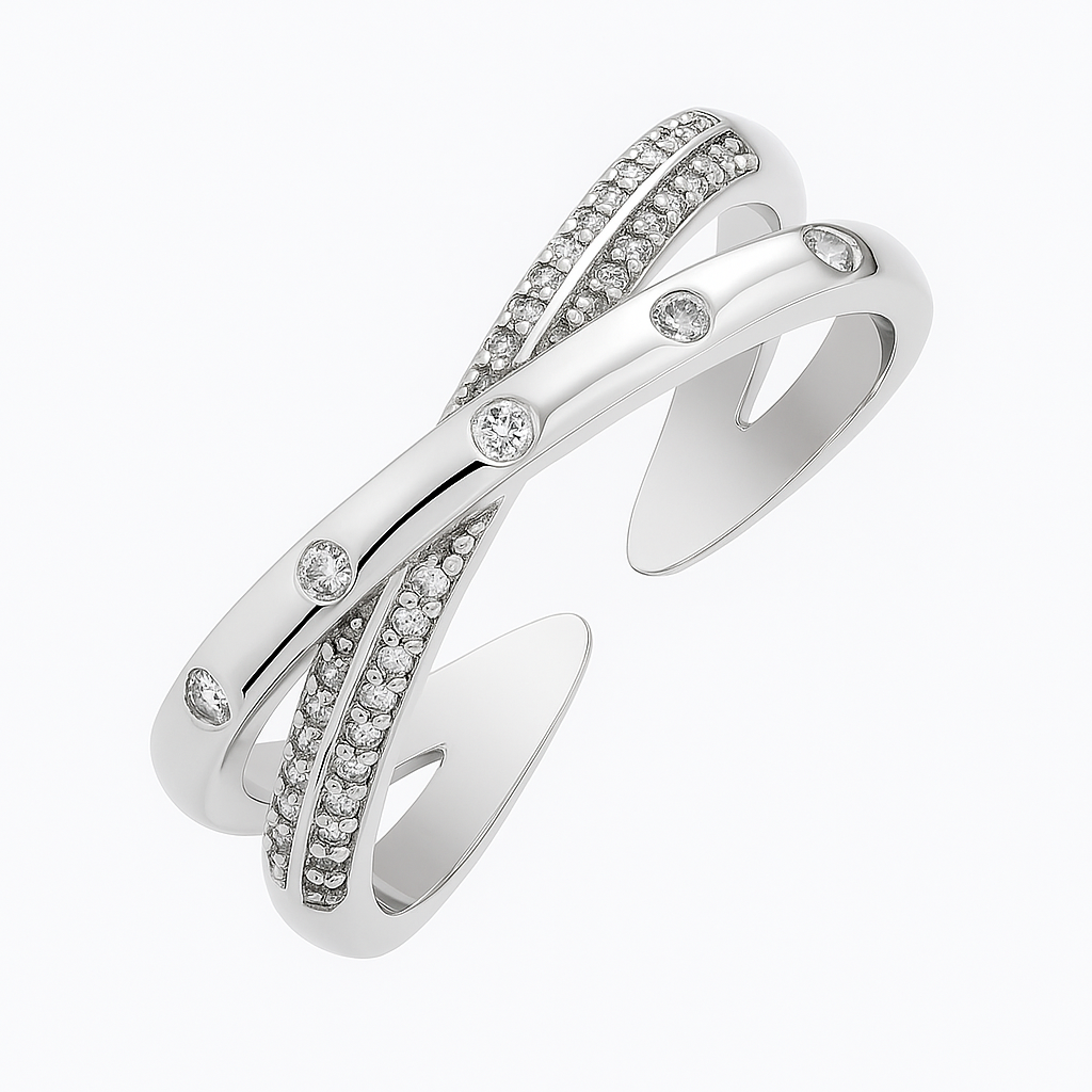 Trendy Criss-Cross Silver Ring with Crystal Detailing