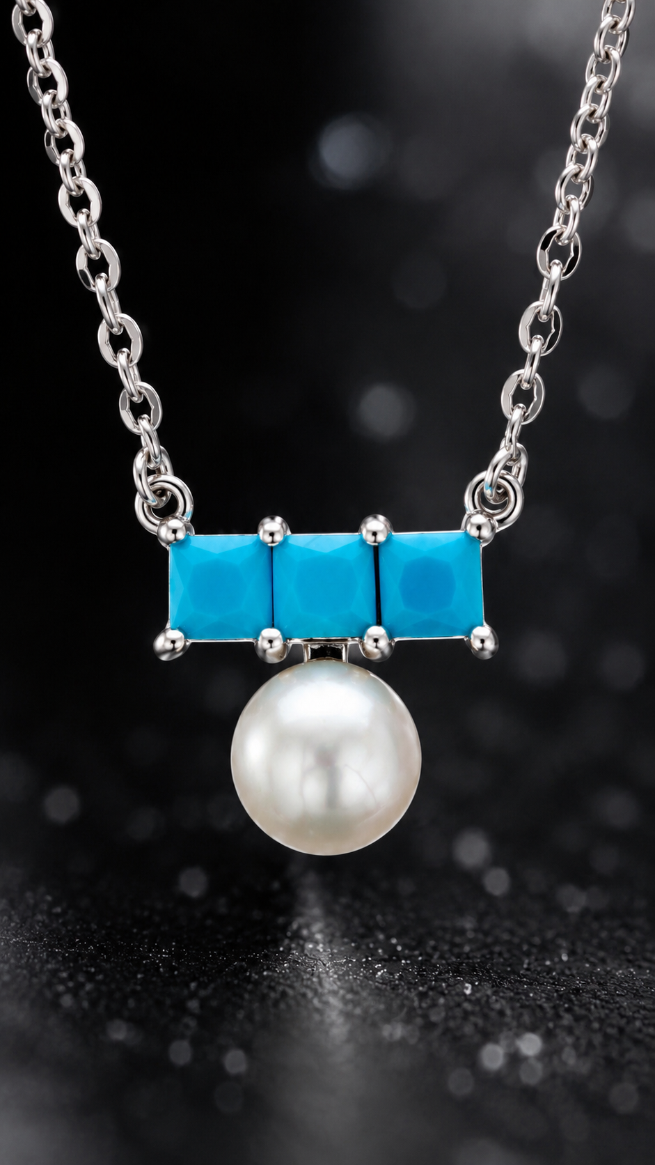 Elegant Silver Turquoise Pearl Pendant Necklace