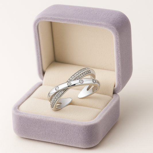 Trendy Criss-Cross Silver Ring with Crystal Detailing