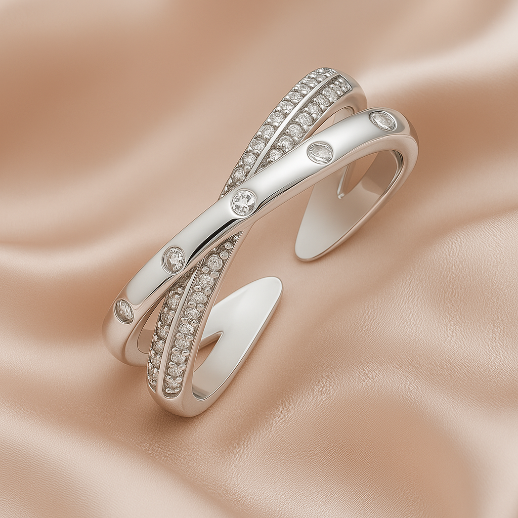 Trendy Criss-Cross Silver Ring with Crystal Detailing