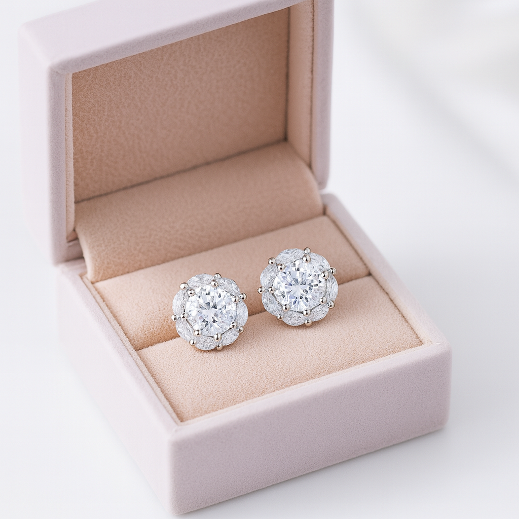 925 Silver Marquise Halo CZ Stud Earrings for Women