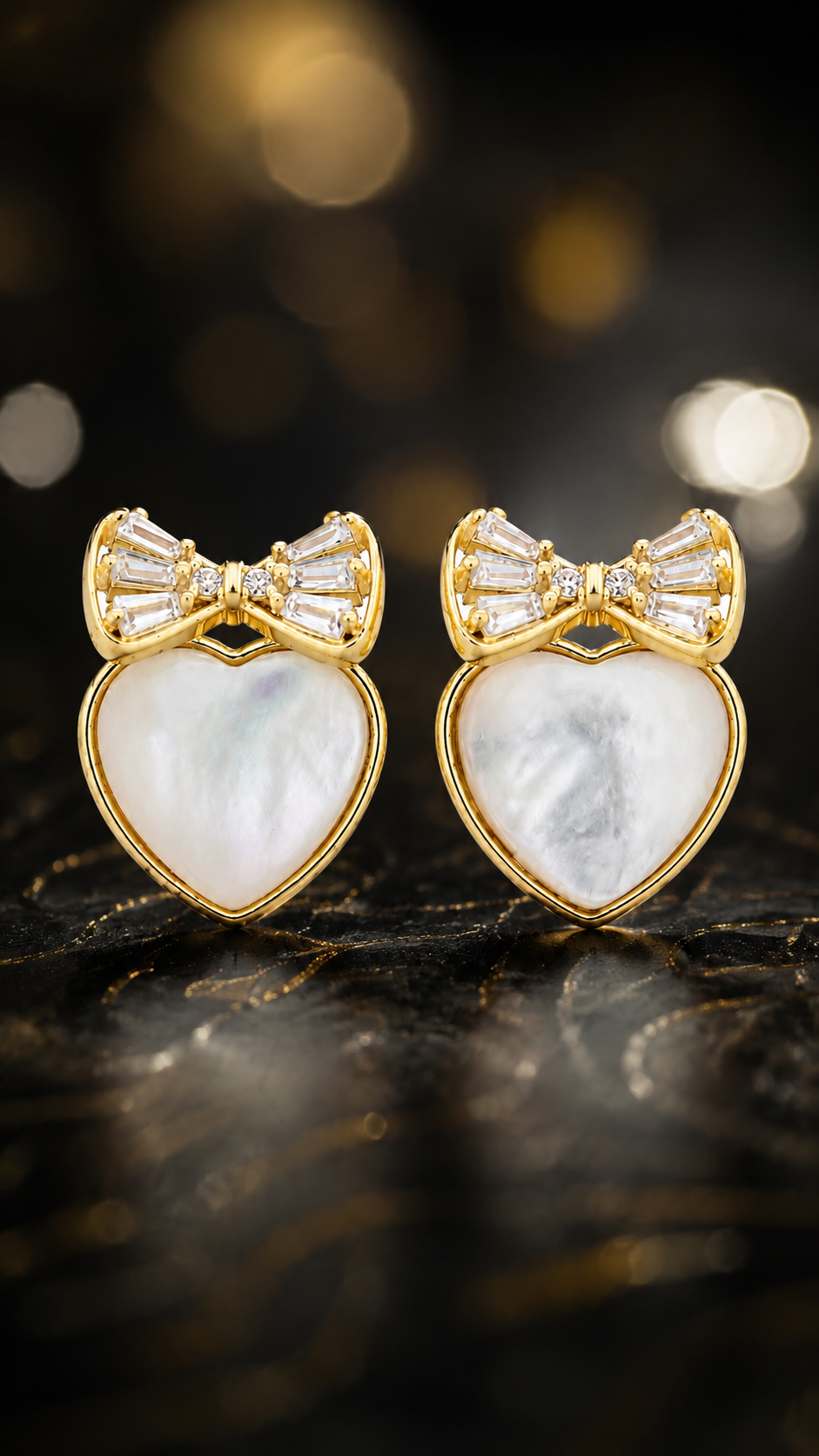 Elegant Gold Mother of Pearl Heart Bow Stud Earrings