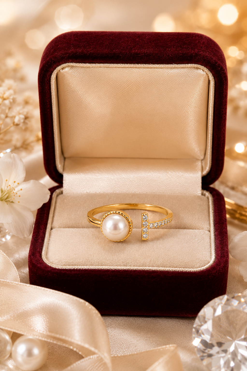 Pearl & Bar Open Adjustable Ring