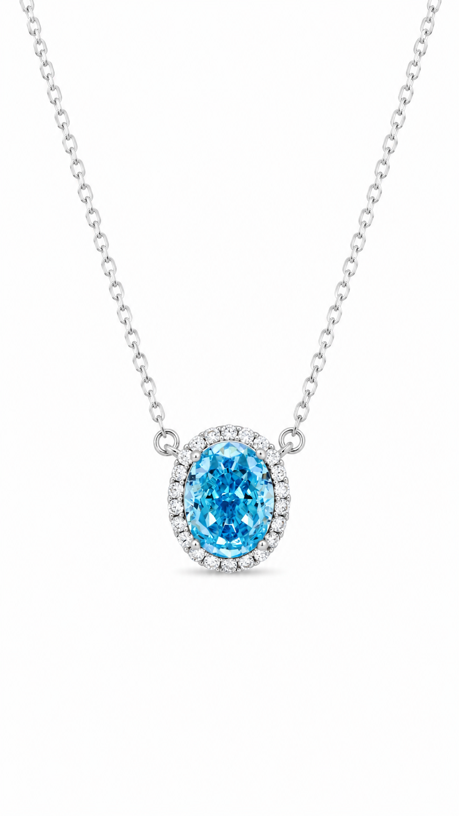 Elegant Silver Oval Blue Halo CZ Pendant Necklace
