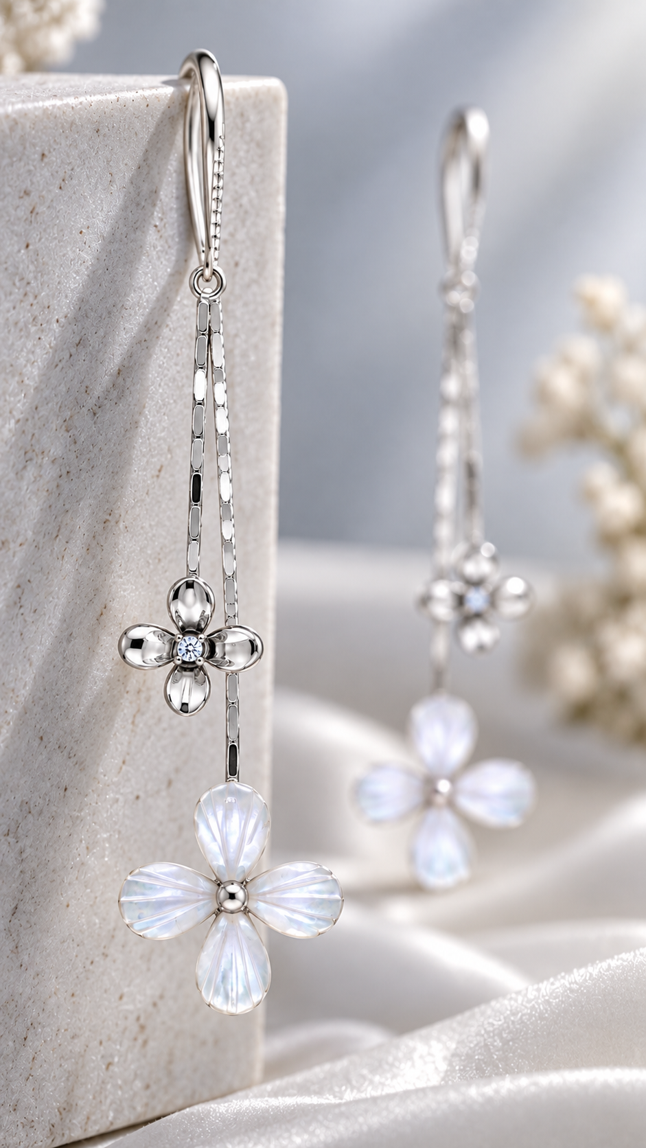 Silver Flower Long Drop Earrings