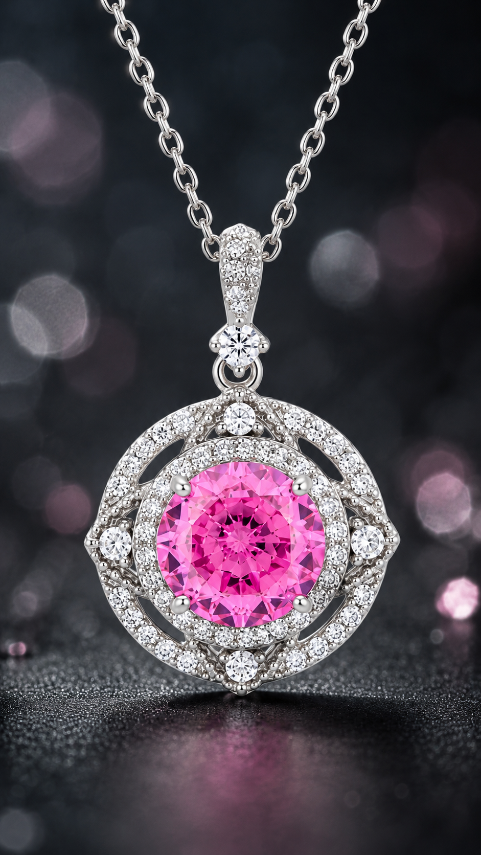 Elegant Silver Pink Halo Pendant Necklace