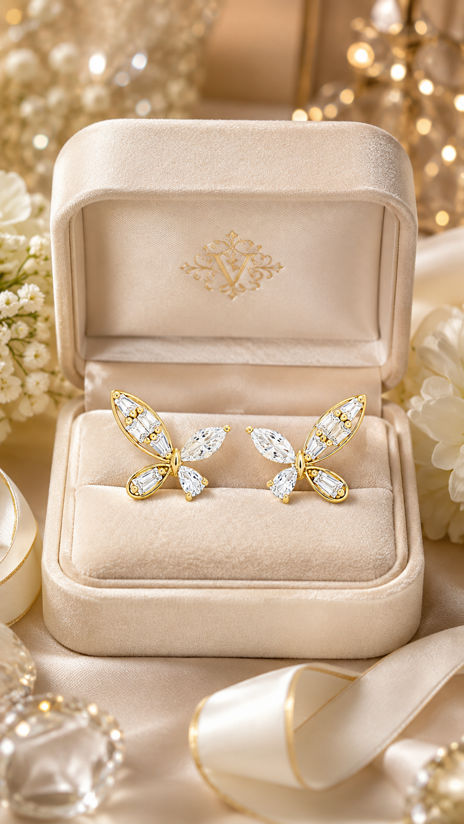 Gold Butterfly Marquise & Baguette CZ Stud Earrings