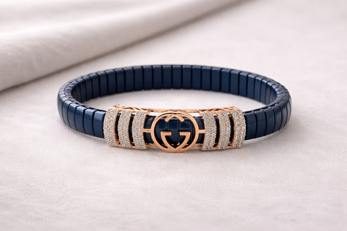 Regalia Crest Signature Bracelet in Deep Blue Enamel, Rose Gold & Diamond Accents