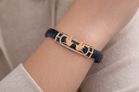 Celestial Wing Embrace Bracelet in Deep Blue Enamel, Rose Gold & Diamond Pavé