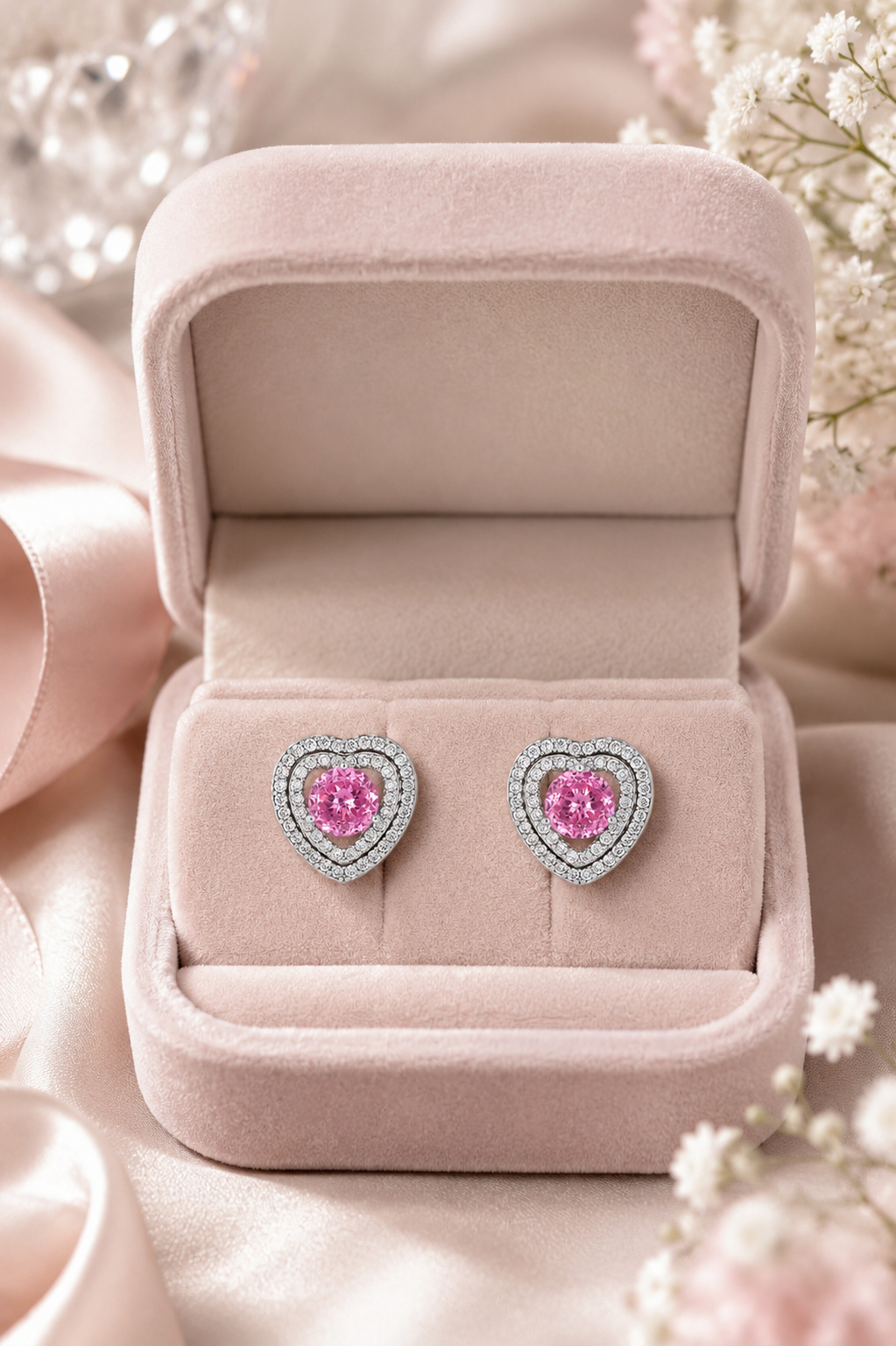 Silver Pink Heart Earrings