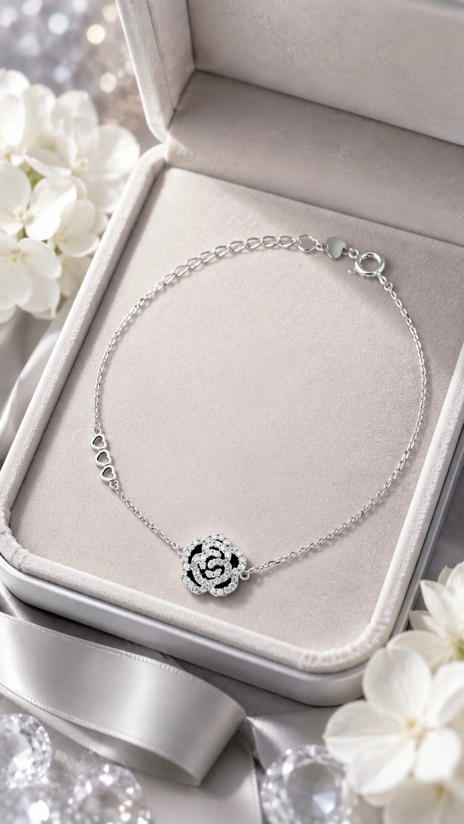 Silver Black Rose CZ Charm Bracelet