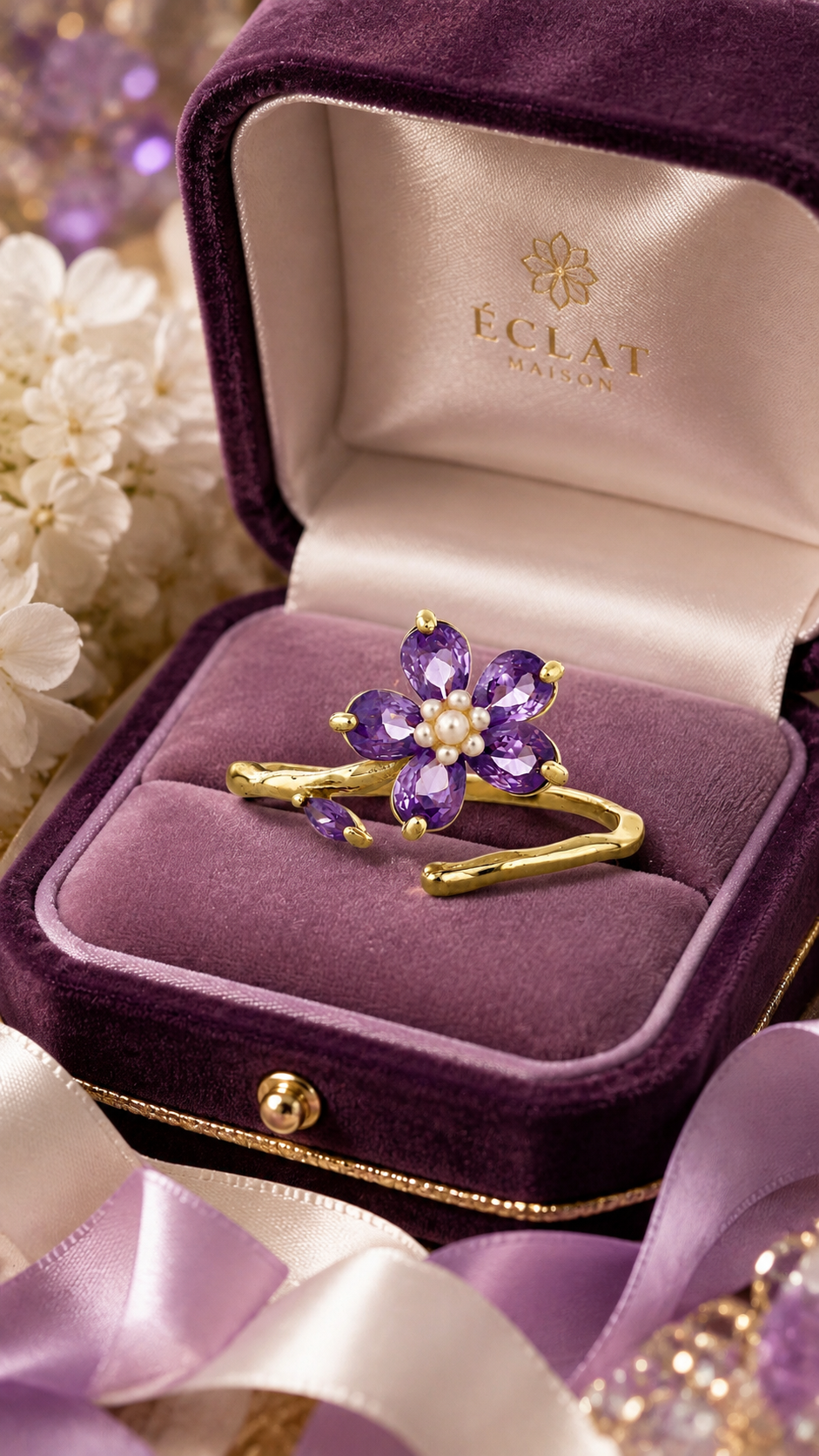 Pink Floral Pear-Cut Adjustable Open Ring
