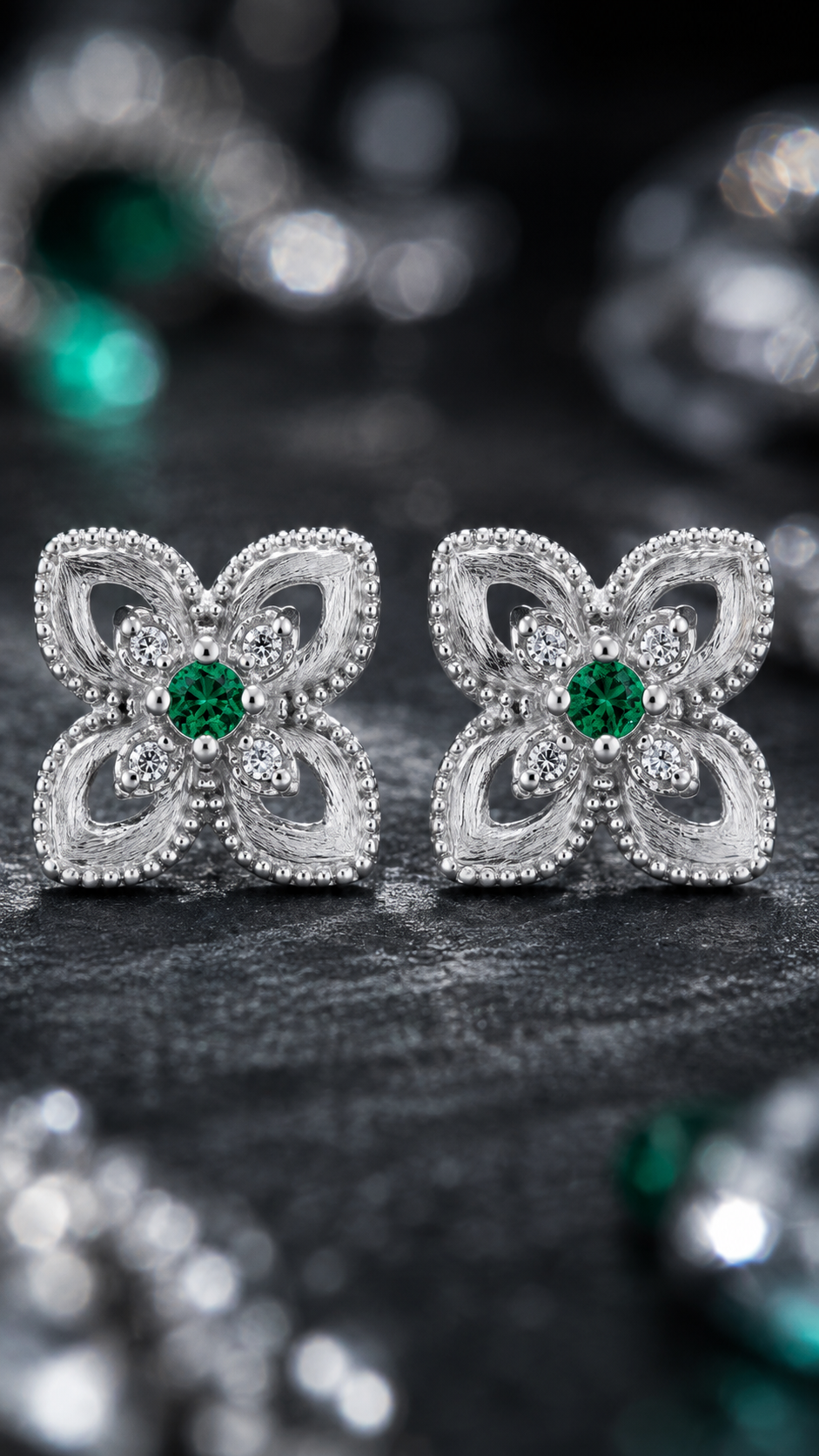 Floral Earrings with Green Stone