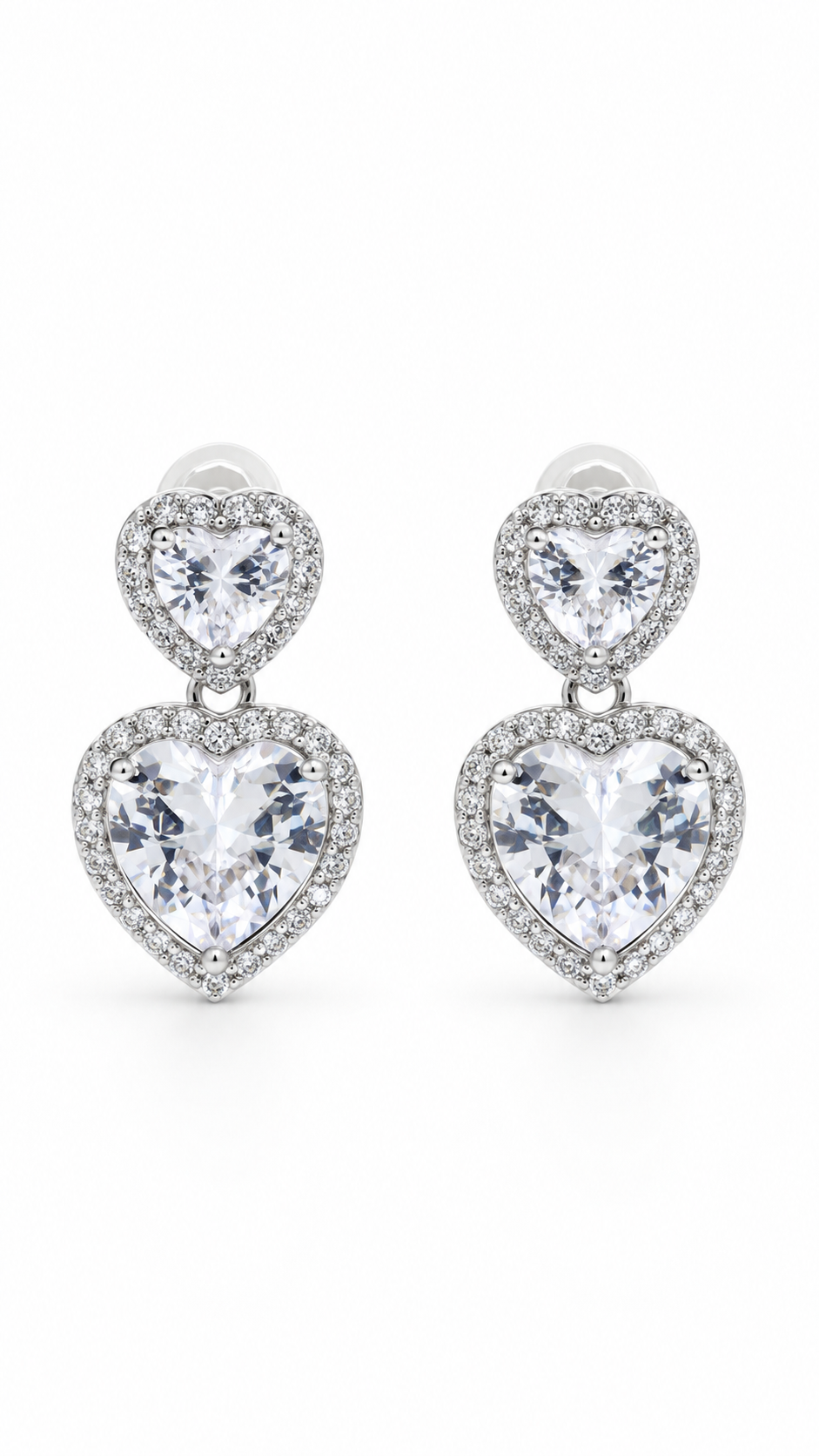 Silver Heart Halo Drop Earrings