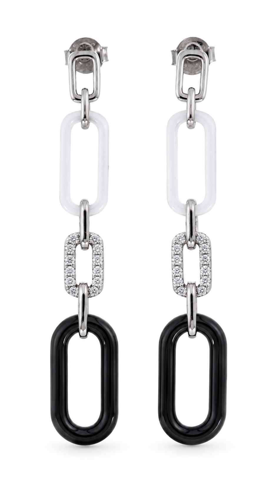 Black & White Geometric Link Long Earrings