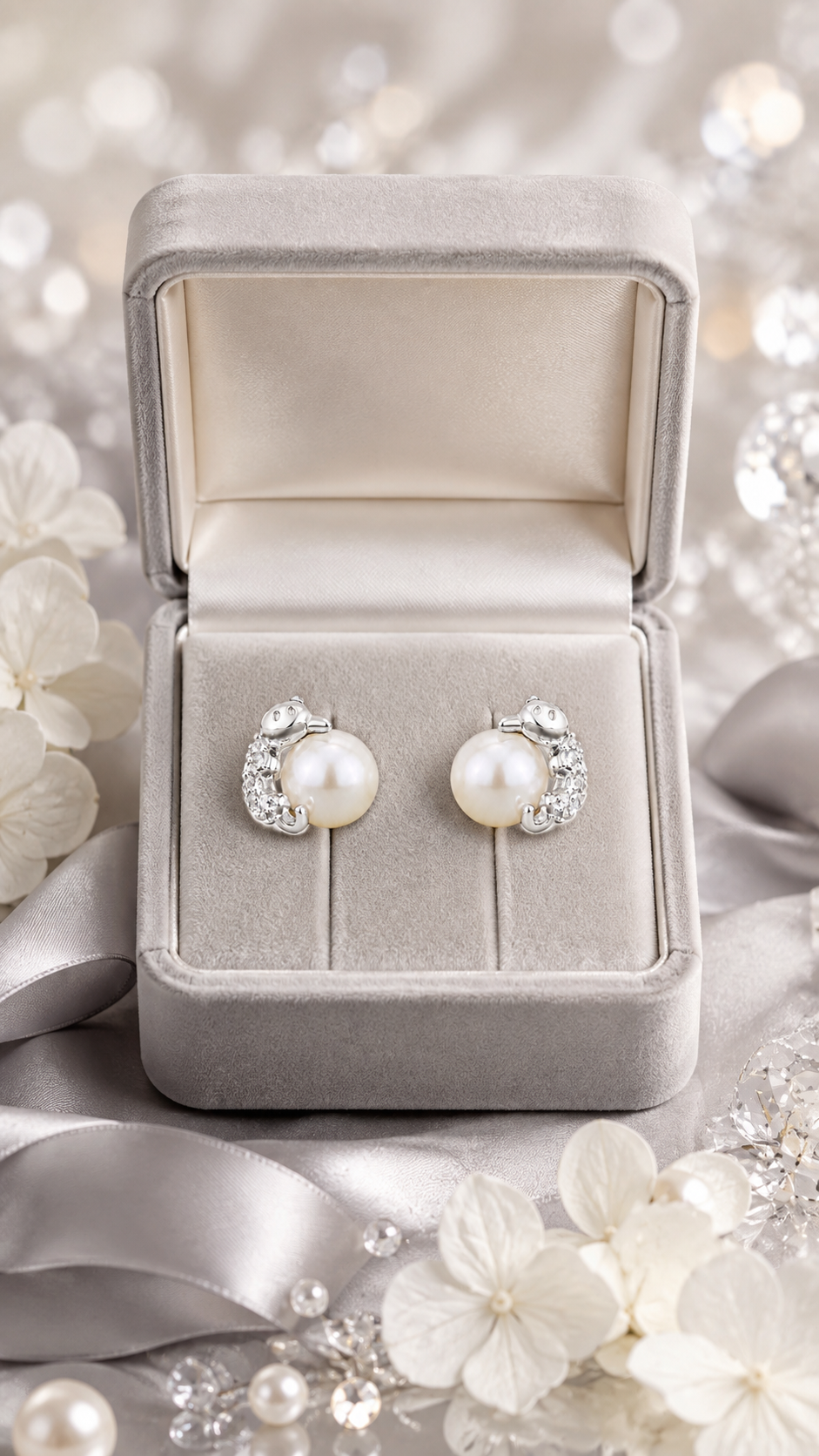Silver Pearl & CZ Cat Stud Earrings for Women