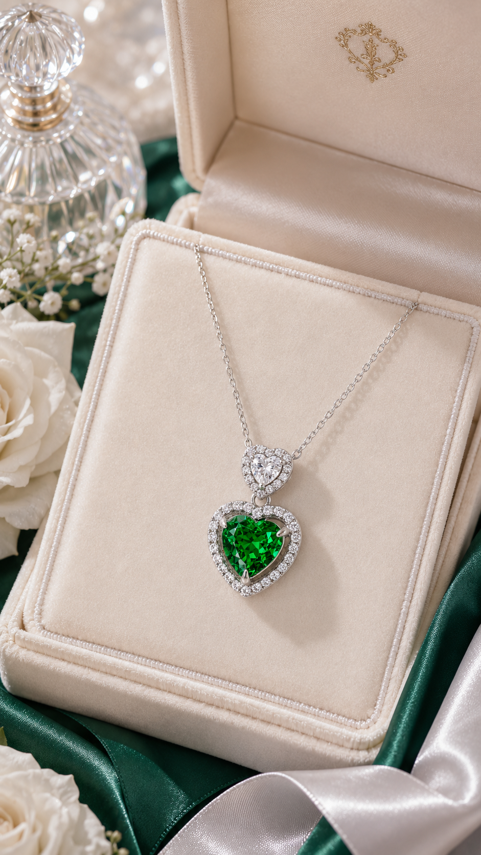 Elegant Silver Green Heart Halo Pendant Necklace