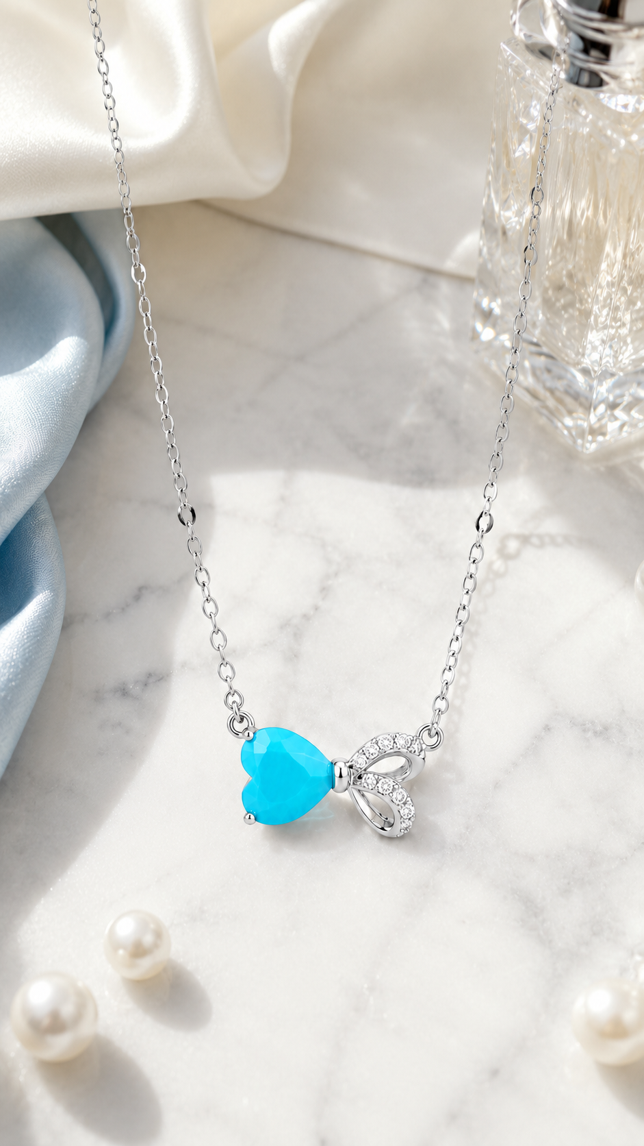 Elegant Silver Blue Heart Bow Pendant Necklace