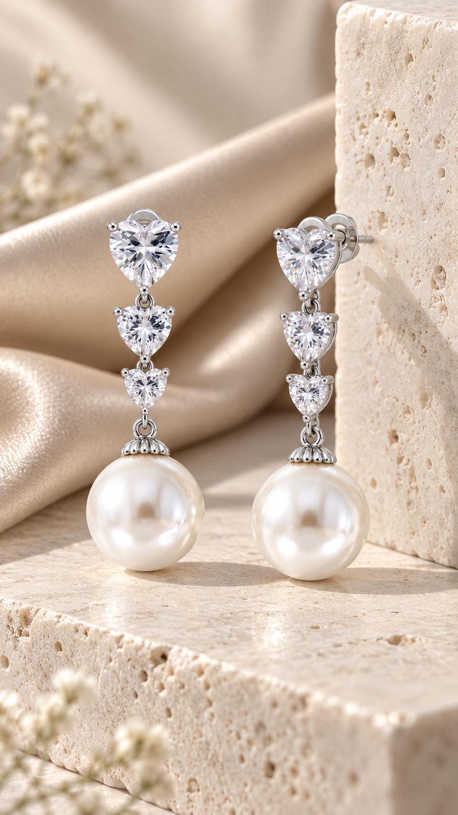 Triple Heart Pearl Drop Earrings