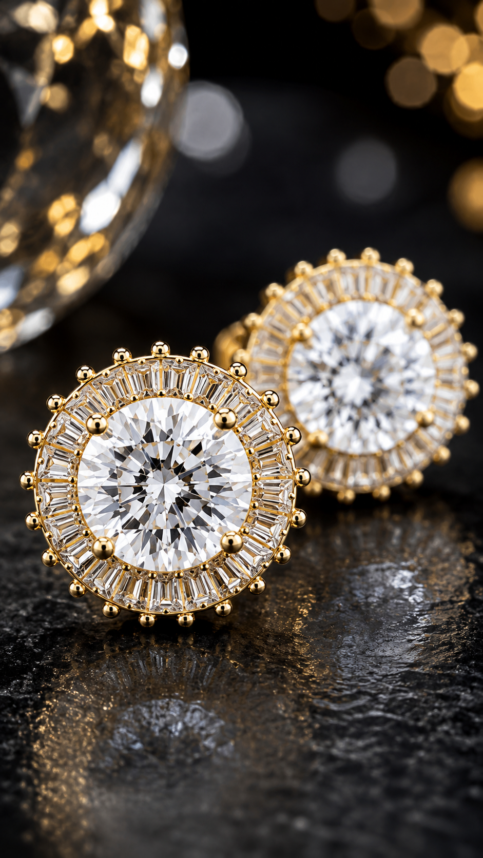 Gold Round CZ Baguette Halo Stud Earrings for Women
