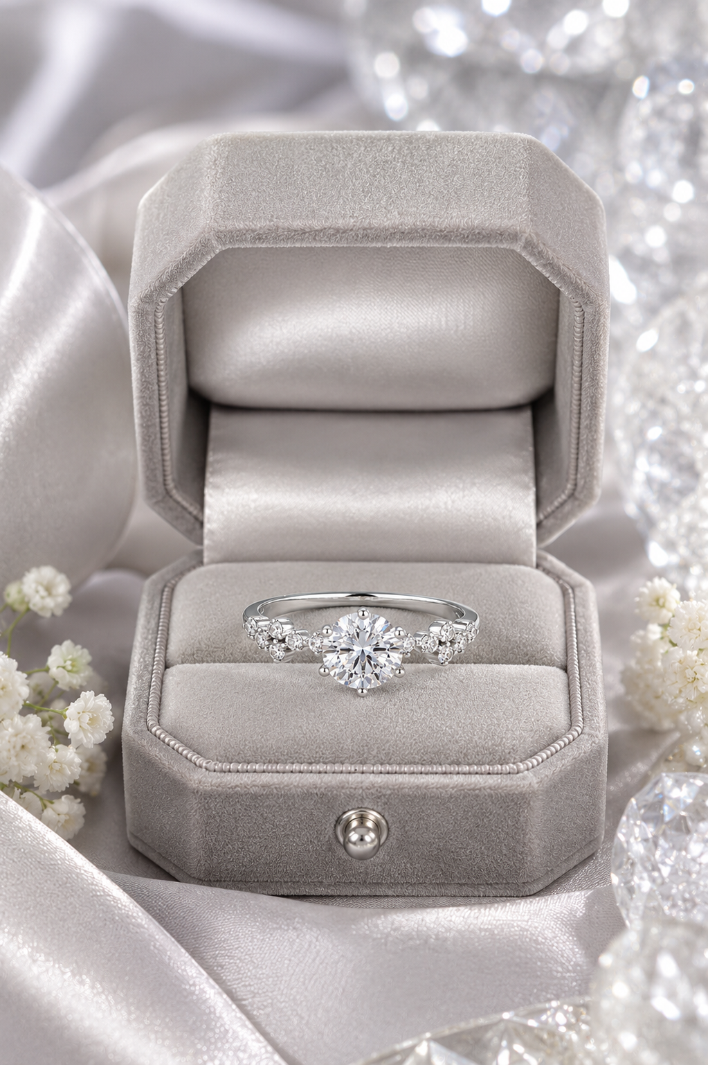 Round Solitaire Floral Adjustable Ring