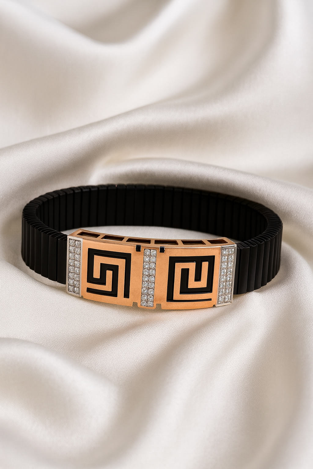 Premium Greek Pattern Men’s Bracelet Black Ceramic Stretch Band with Rose Gold CZ Accents