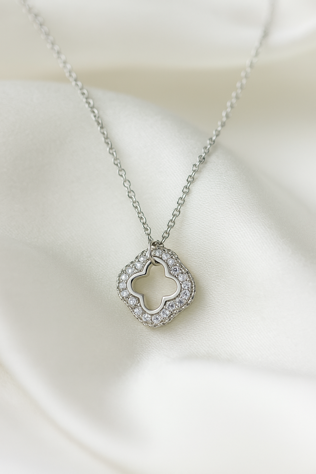 Silver Clover Shape Diamond-Studded Pendant Necklace for Women