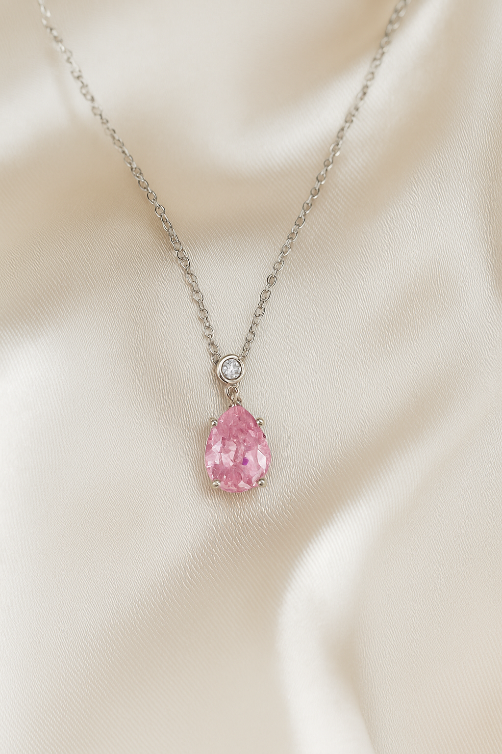 Pink Teardrop Pendant Necklace White Gold Finish with CZ Accents