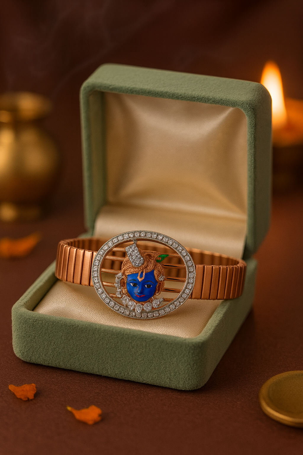 Premium Shree Nath Ji Face Men’s Bracelet Black Ceramic Stretch Band with Color Enamel & CZ Devotional Oval Plate