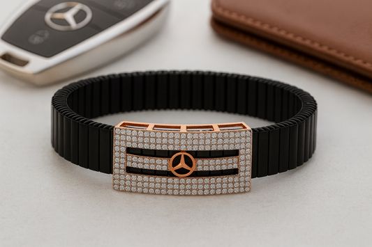 Premium Mercedes Logo Men’s Bracelet Full CZ Rose Gold Plate with Black Ceramic Stretch Band