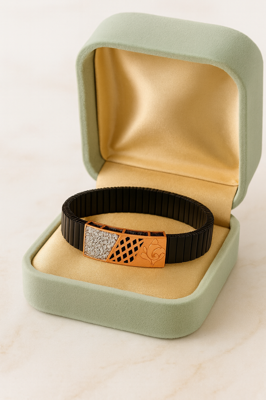 Premium Men’s Designer Bracelet Black Ceramic Stretch Band with Silver CZ Engraved Plate