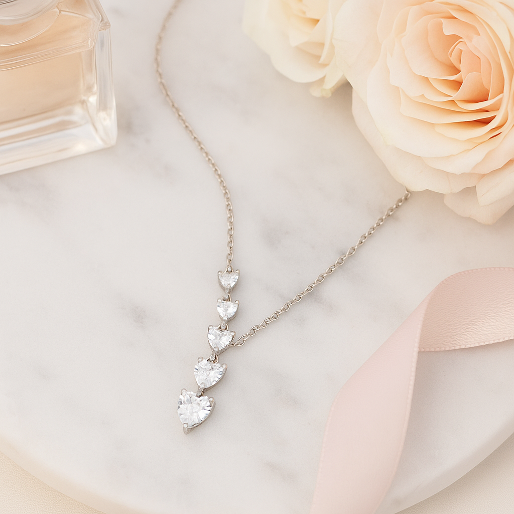 Elegant Heart Drop Necklace with CZ Stones in White Gold Finish