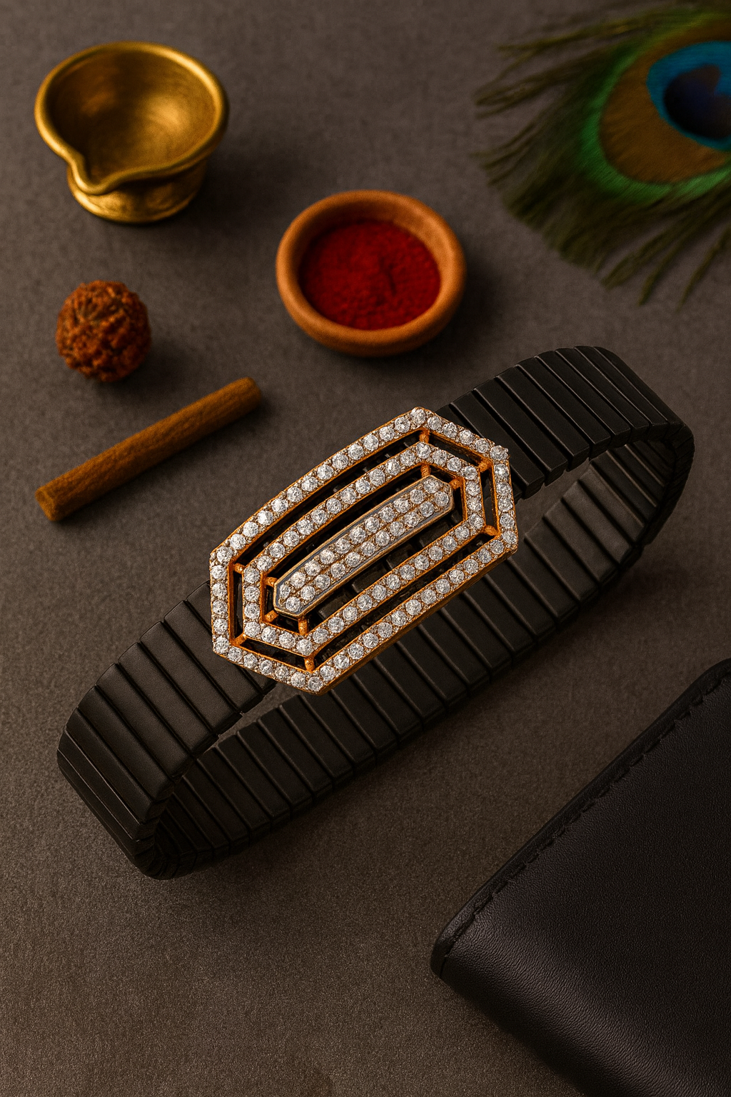 Premium Geometric Layered Men’s Bracelet Black Ceramic Stretch Band with Rose Gold CZ Plate