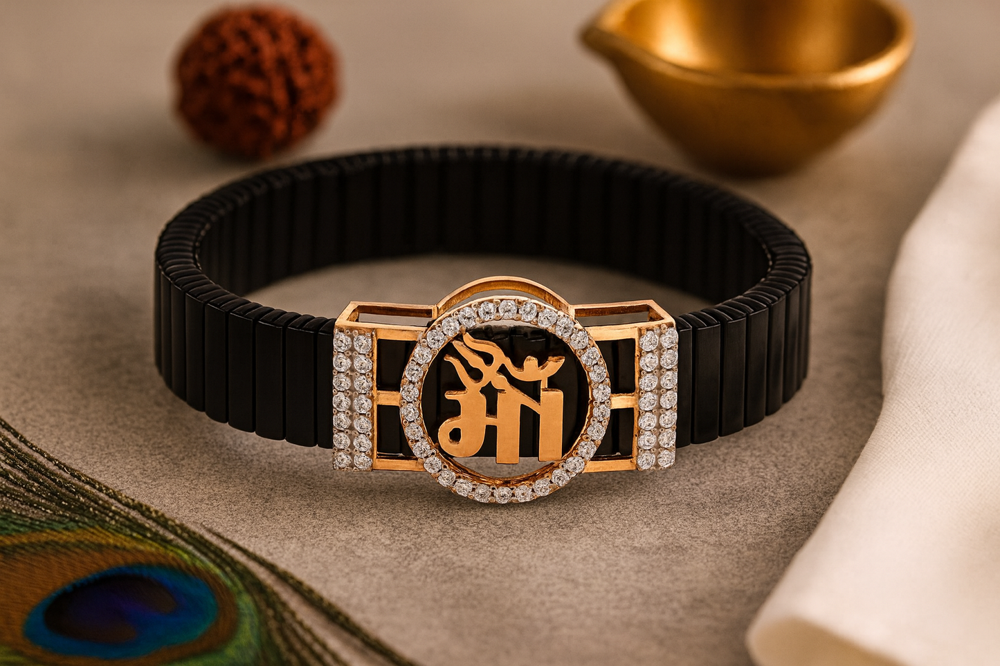 Premium Maa Logo Men’s Bracelet Black Ceramic Stretch Band with Rose Gold CZ Plate