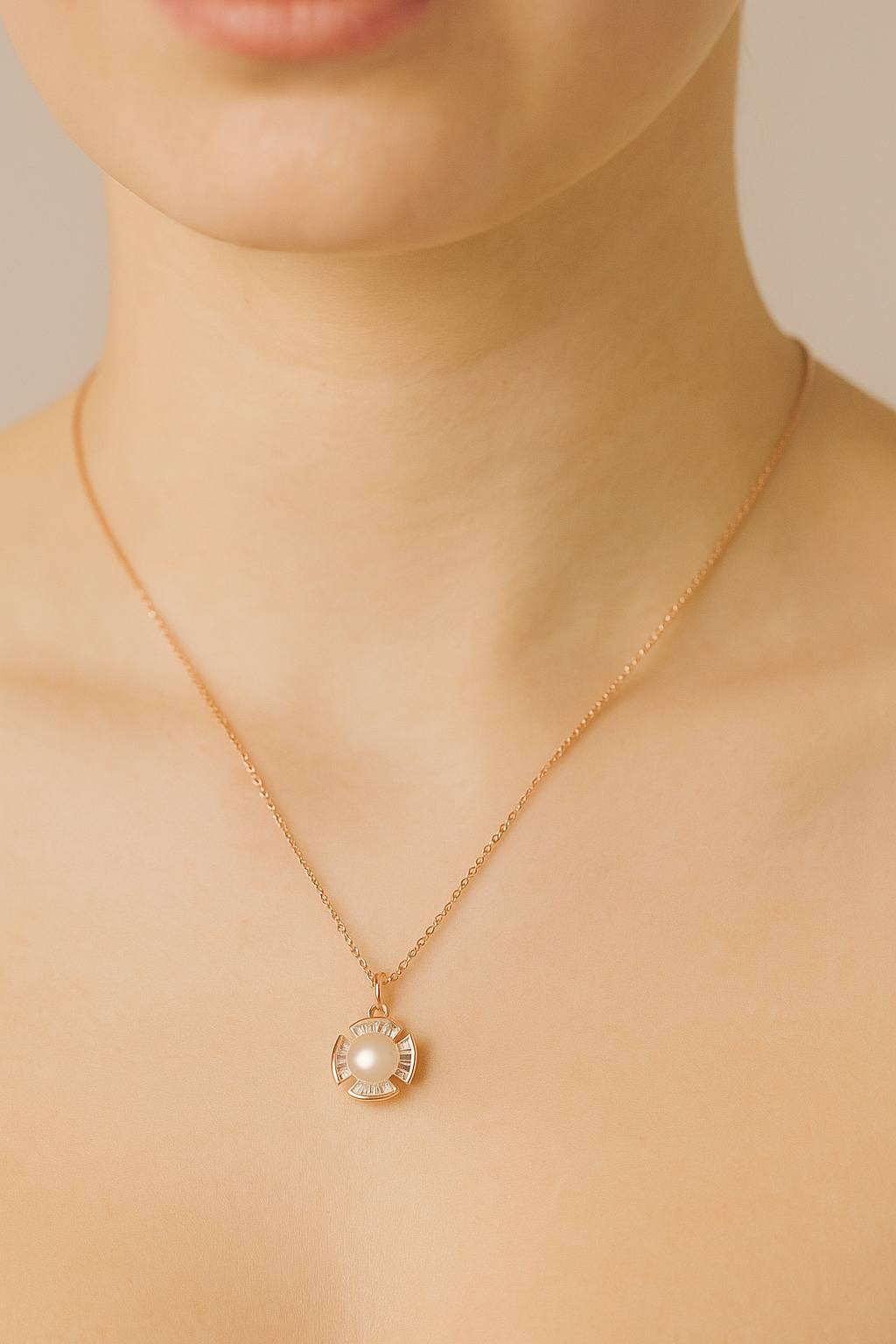 Elegant Pearl Pendant Necklace in Rose Gold Finish with Sparkling Stones