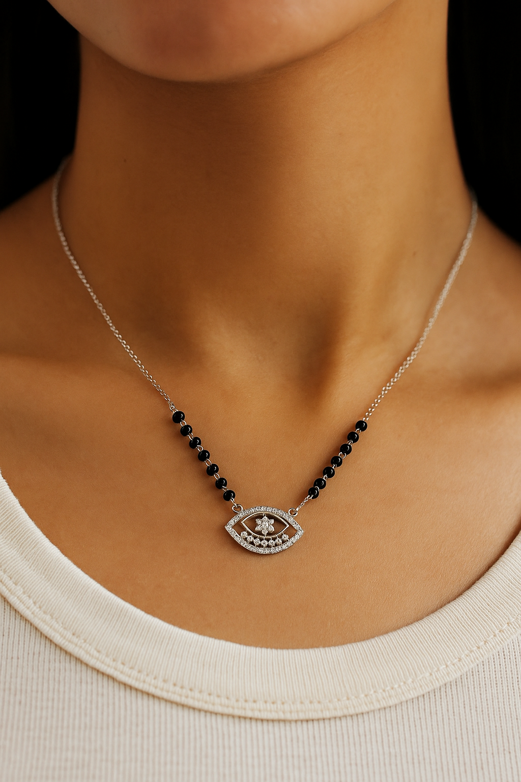 Silver Tone Evil Eye CZ Pendant Necklace with Black Beads for Women