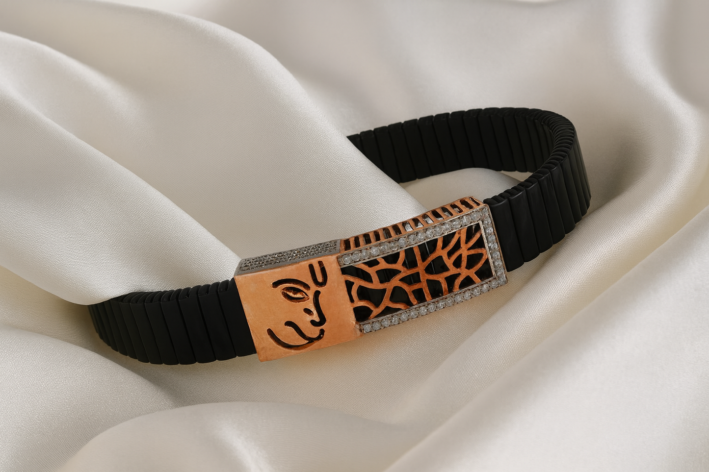 Premium Hanuman Engraved Men’s Bracelet Black Ceramic Stretch Band with Rose Gold Cutwork CZ Frame