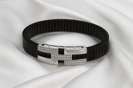 Premium Men’s Bracelet Black Ceramic Stretch Band with Silver ZigZag CZ Designer Plate