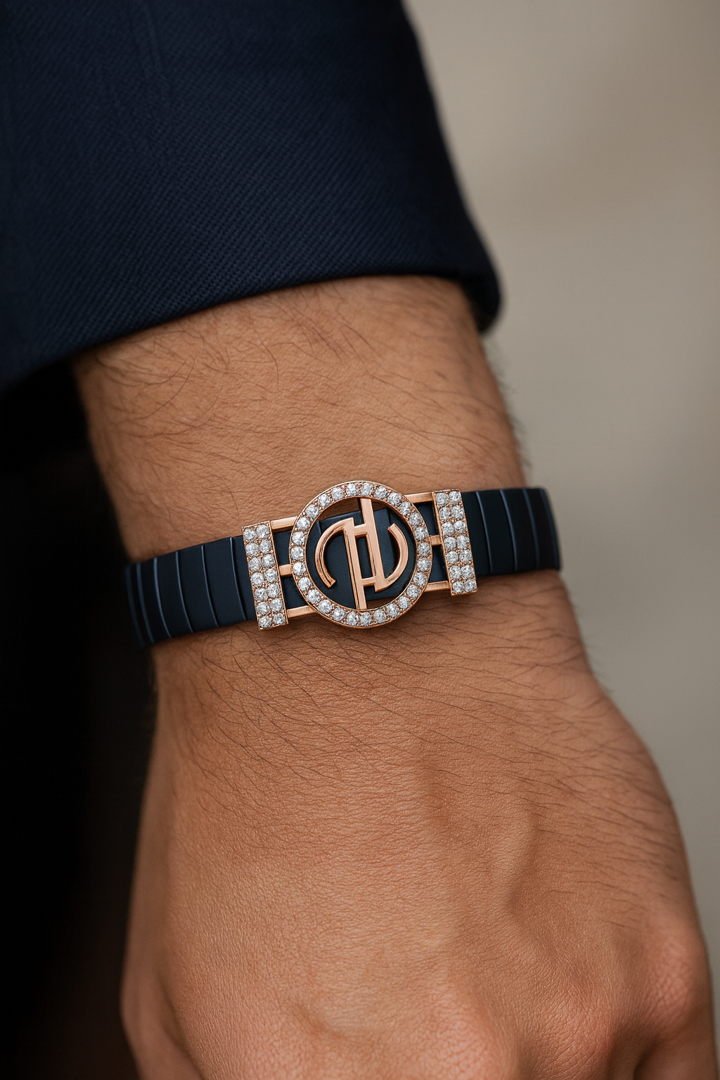 Premium Designer Logo Men’s Bracelet Blue Ceramic Stretch Band with Rose Gold CZ Round Emblem