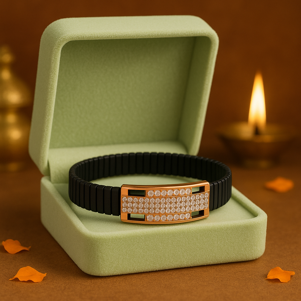 Premium Black Ceramic Men’s Bracelet with Rose Gold CZ Plate | Luxury Daily Wear Stretch Bracelet