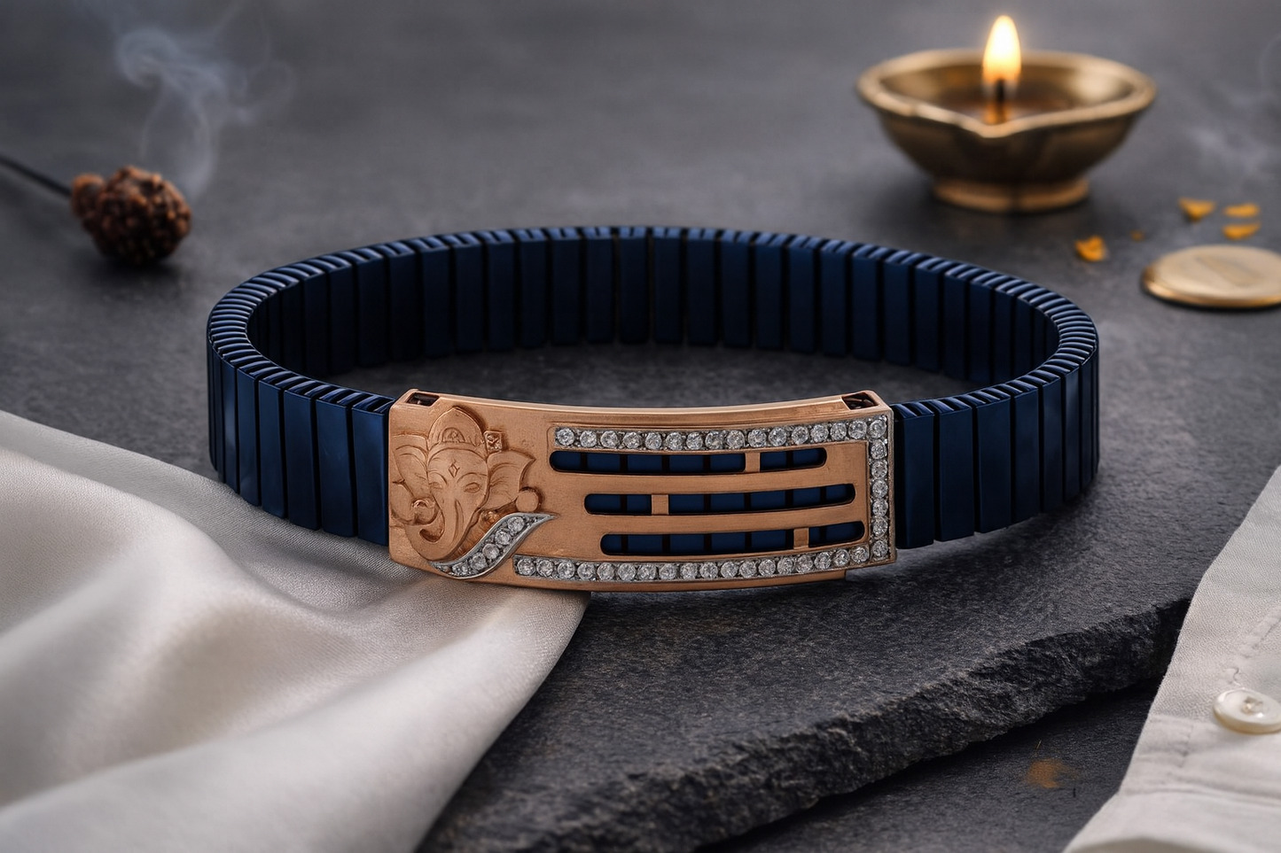 Premium Ganesha Men’s Bracelet Blue Ceramic Stretch Band with Rose-Gold CZ Devotional Plate